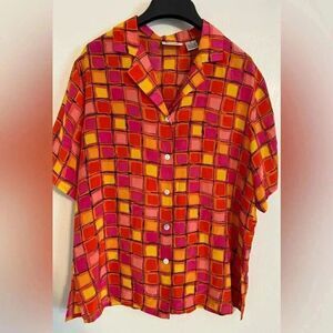 Vintage Riva Silk Short Sleeve Shirt | Size Small | Colorful Orang/pink